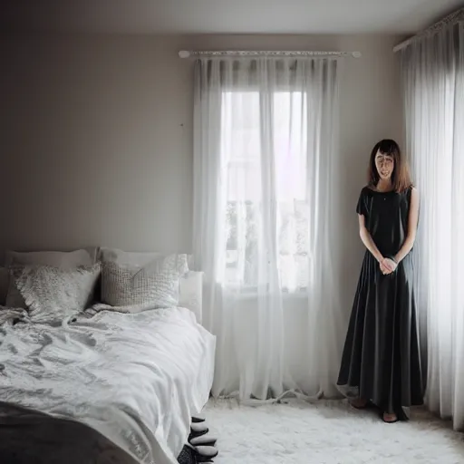 Image similar to a woman, posing in a bedroom, photo by Marat Safin, Canon EOS R3, 35mm, f/1.4, ISO 200, 1/160s, 8K, RAW, unedited, symmetrical balance, in-frame