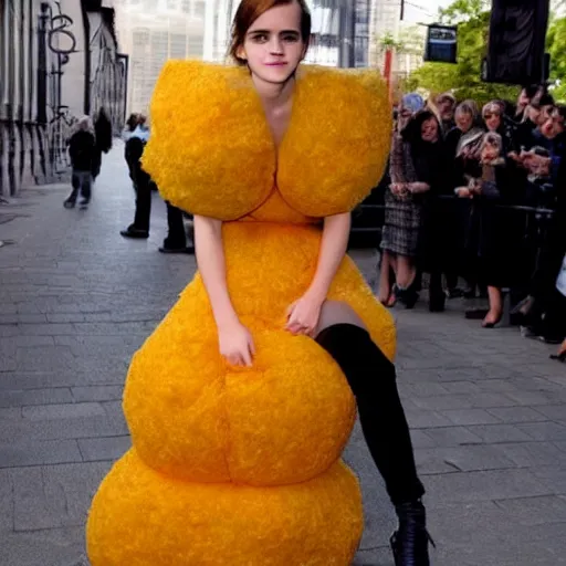 Prompt: emma watson dressed as a cheese puff, photography