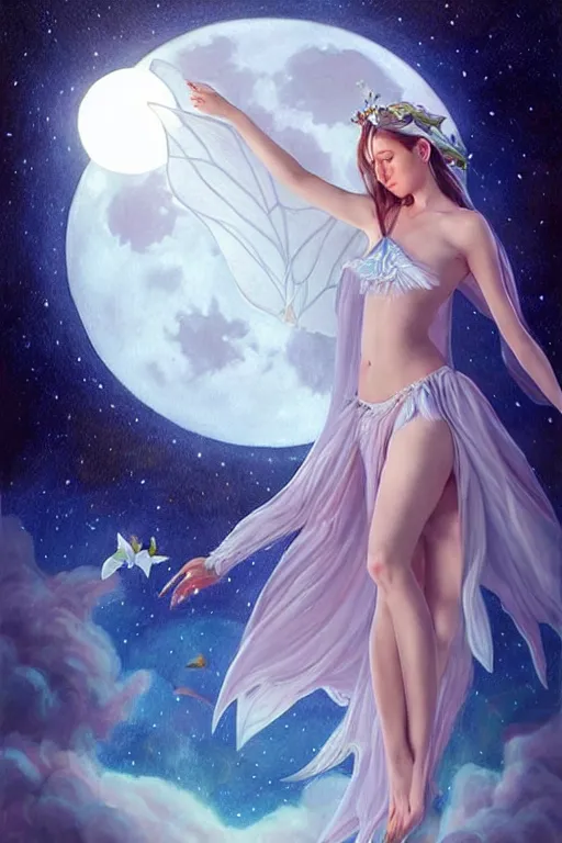 Image similar to attractive fairy magically floating high in the night, fantasy, full moon in background. highly detailed painting by artgerm, mid shot, 8 k