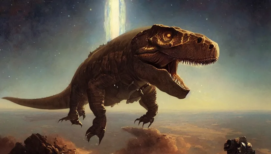 Image similar to tyrannosaurus dressed as an astronaut preparing to fly into space, illustrated by Greg Rutkowski and Gaston Bussiere, 8k