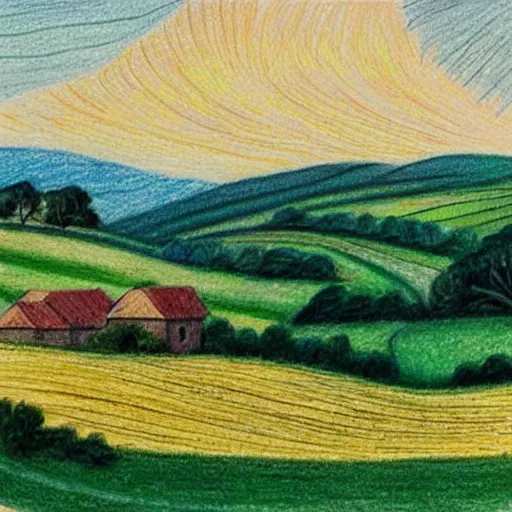 Image similar to This drawing captures the beauty of the countryside in all its simplicity. The rolling hills and fields are bathed in a warm, golden light, and the peaceful scene is punctuated by a few small houses and a winding road. The brushwork is loose and expressive, and the overall effect is one of serenity and calm. 1970s grainy vintage illustration, Mayan by Hiroshi Nagai, by Carlo Crivelli playful, improvisational