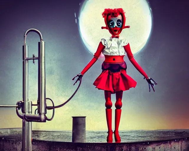 Prompt: beautiful clown girl robot alien standing on a water tank