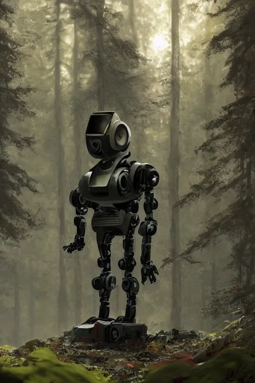 Prompt: A small character standing before a robot in the forest by Greg Rutkowski, Sung Choi, Mitchell Mohrhauser, Maciej Kuciara, Johnson Ting, Maxim Verehin, Peter Konig, final fantasy , 8k photorealistic, cinematic lighting, HD, high details, atmospheric,