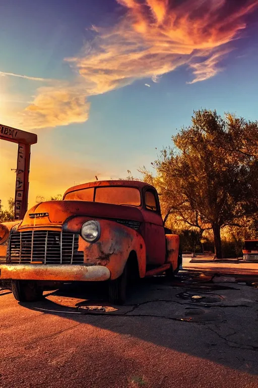 Image similar to a sunset light landscape with historical route 6 6, lots of sparkling details and sun ray ’ s, blinding backlight, smoke, volumetric lighting, colorful, octane, 3 5 mm, abandoned gas station, old rusty pickup - truck, beautiful epic colored reflections, very colorful heavenly, softlight