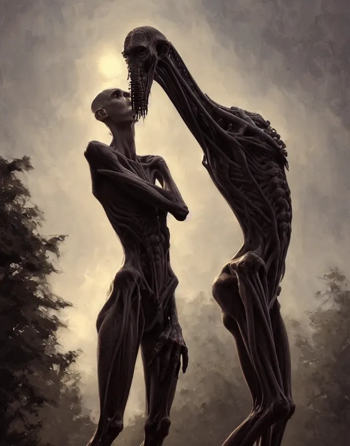 Image similar to epic portrait cinematic shot an skinny tall creature with long arms, long neck, bald, covered in dark substance, fine details. night setting. realistic shaded lighting poster by craig mullism, artgerm, jeremy lipkin and michael garmash, unreal engine, radiant light, detailed and intricate environment, digital art, trending on art station,