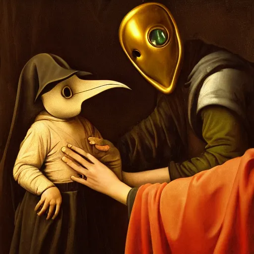 Prompt: a plague doctor giving a flower to a sick child, renaissance painting, golden ratio, morning light, 8k