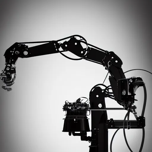 Image similar to close up of gleaming black metal factory servo arm, robotic equipment, decals, black and white, render, hard surface model, burnished metal, reflection, factory, hangar, beautiful, sharp focus, depth of field, ue 4, ue 5, unity hdrp