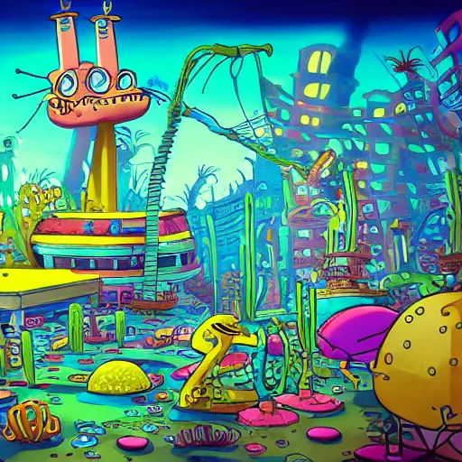 Image similar to bikini bottom drawn by stephen hillenburg, dynamic lighting, fantasy concept art, trending on art station, stunning visuals, creative, cinematic, ultra detailed