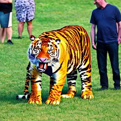 Image similar to tony the tiger eating a juicy steak while people watch