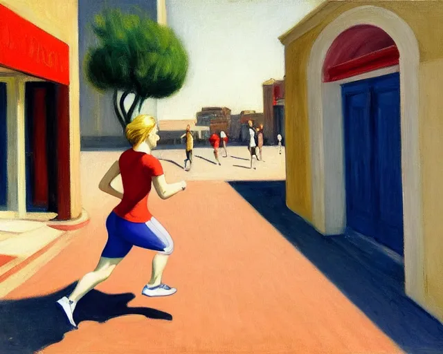 Image similar to blond lady with red and blue sneakers running through israel, running by salsa vendor, oil on canvas by edward hopper