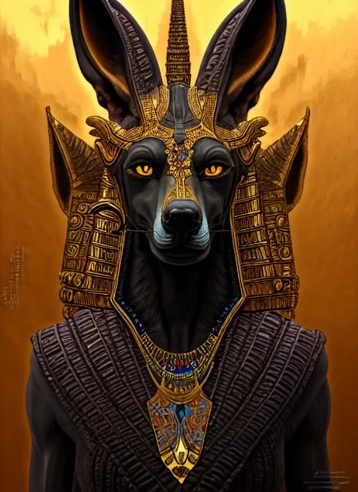 Image similar to angry god anubis, growling jackal with egyptian headdress and nemes, ornate art nouveau detail, symmetrical portrait, black and gold palette, fantasy, intricate, elegant, highly detailed, colorful, dark colors, dramatic shadow, digital painting, artstation, concept art, art by artgerm and greg rutkowski and ruan jia,