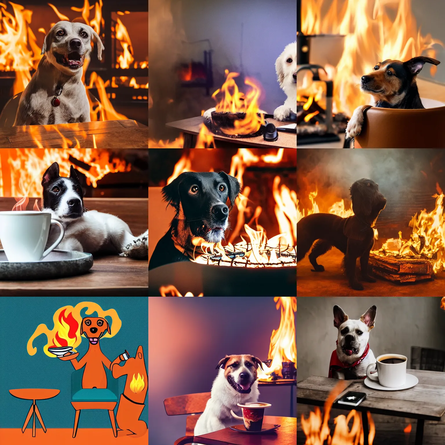 Prompt: photograph of anthropomorphic dog surrounded by fire sitting on a chair with cup of coffee on a table