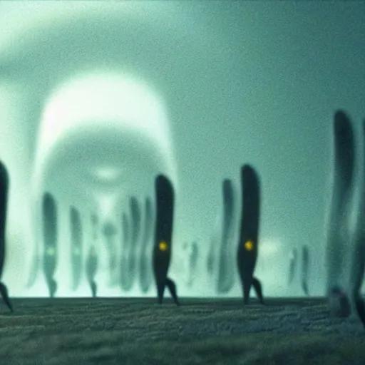 Prompt: !dream the strange creatures of arrival, film still from the movie, long lens, shallow depth of field