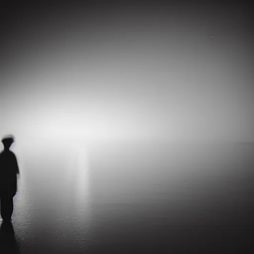 Image similar to an abstract photograph of a lonely male shadowy figure, underwater, there are street lanterns, motion blur, 35 mm, black-and-white