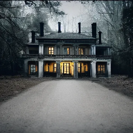 Prompt: abandoned luxury house, cinematic, filmic, photography, vignette, dark, 4 k, 8 k, ultra - hd, moody lighting, in the woods