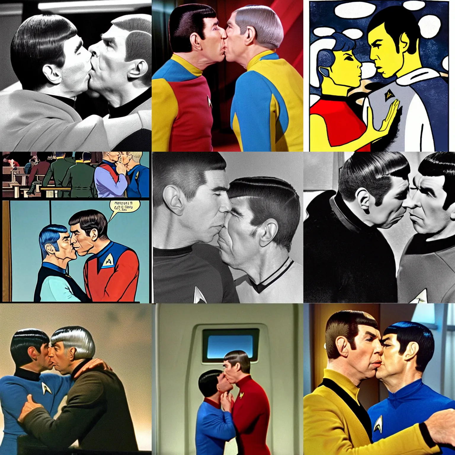 Prompt: Kirk and spock kissing from star trek