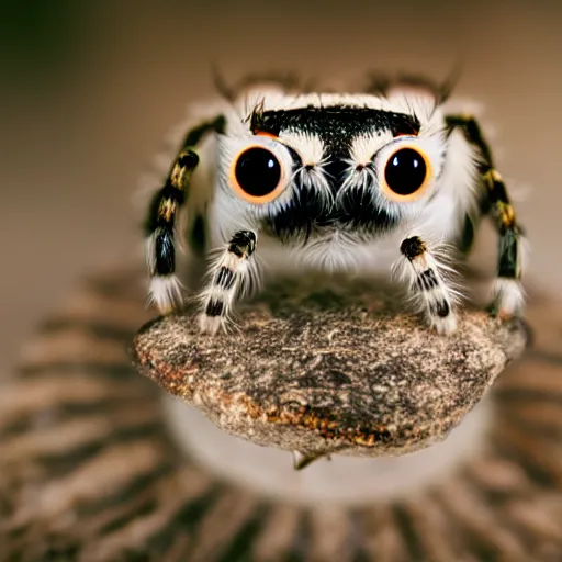 Prompt: jumping spider mixed with owl, cute creature, hybrid, anamorphic lens, bokeh, kodak color film stock, macro shot