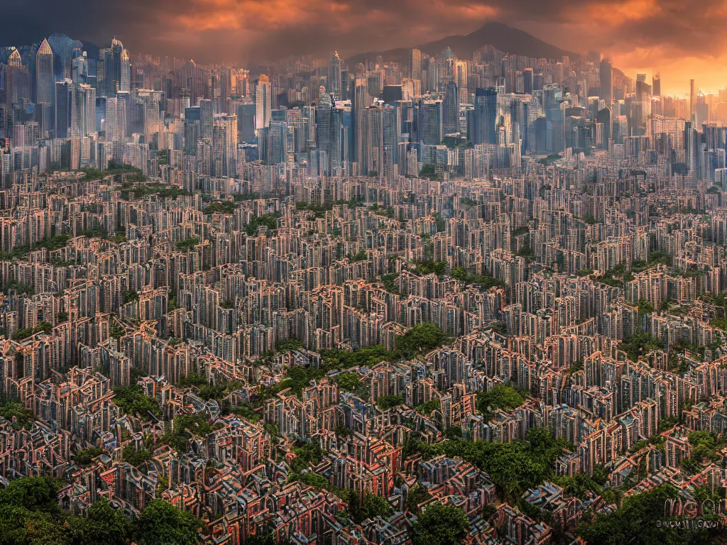 Image similar to kowloon walled city by marc adamus, 4 k, photograph, professional, hdr, color corrected, highly detailed, sharp focus