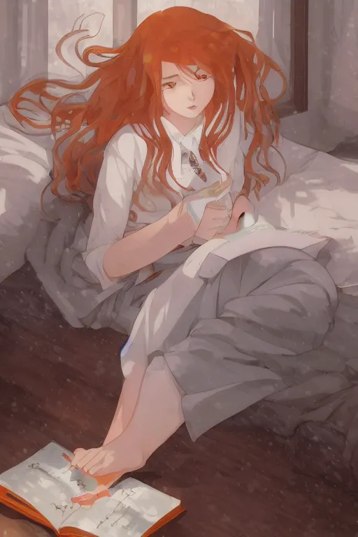 Prompt: a teenage girl in a jk uniform outfit in the bedroom reading a book in a night, raining outside the window, grey and orange theme ， wavy white long hair, by krenz cushart and mucha and akihito yoshida and greg rutkowski and makoto shinkai and wlop, detailed eyes, 4 k resolution