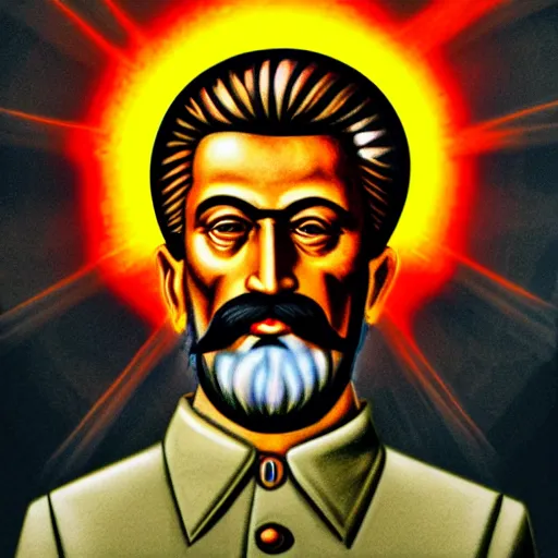 Prompt: the icon of stalin, with halo of fire, scary orthodox icon in hellish style, scary color art in 4 k