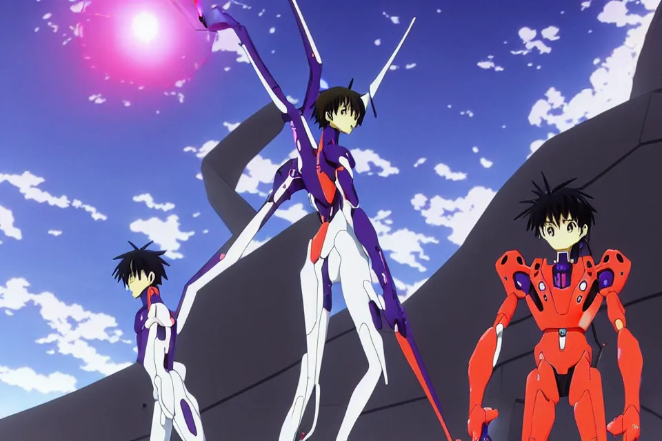 Image similar to anime illustration of black detailed evangelion eva - 0 1 standing menacingly behind ikari shinji, cinematic lighting, evangelion anime poster, rebuild of evangelion 1 0 8 0 p, 9 0 s anime aesthetic, volumetric lights, rule of thirds, unreal engine render, pinterest wallpaper, trending on artstation