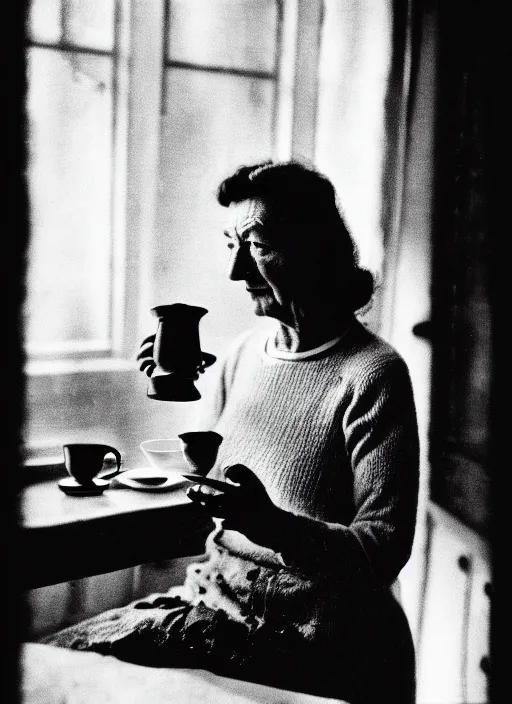 Image similar to A frame from the film 'Knitting at Home sipping some tea' directed by Salvador Dali, 70mm, forest, black and white, grainy film photography, chiaroscuro, highly detailed, masterpiece