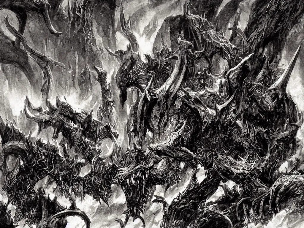 Image similar to concept art illustration of a mastodonic brutalist demon with 5 horns destroying a medieval village, cinematic lightning, art by bernie wrightson