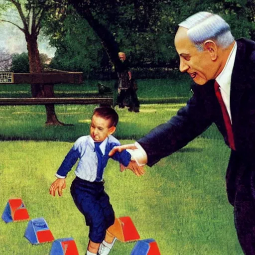 Image similar to benjamin netanyahu playing hopscotch in a public park, by norman rockwell