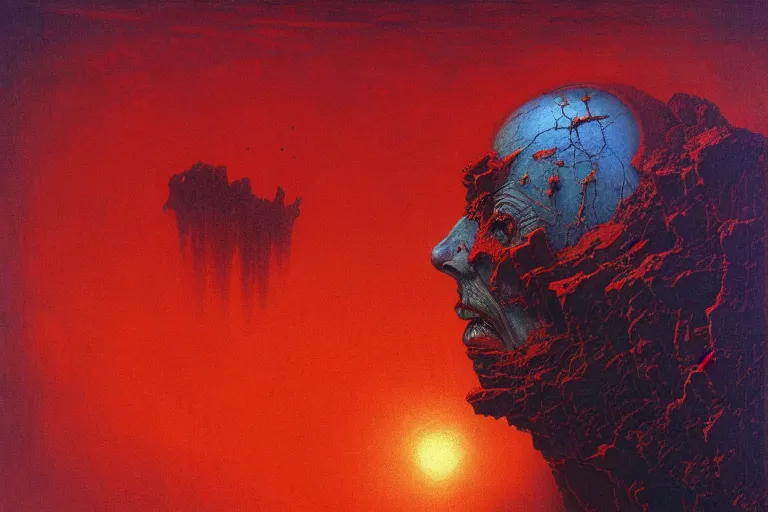 Prompt: head of a man falling apart, in the style of chris foss, in the style of beksinski, intricate and epic composition, red by caravaggio, insanely quality, highly detailed, masterpiece, purple light, artstation, 4 k