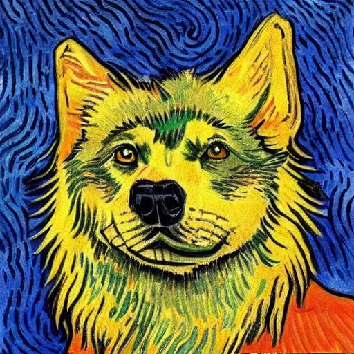 Image similar to retarded wolf portrait, van gogh style, complimentary colors