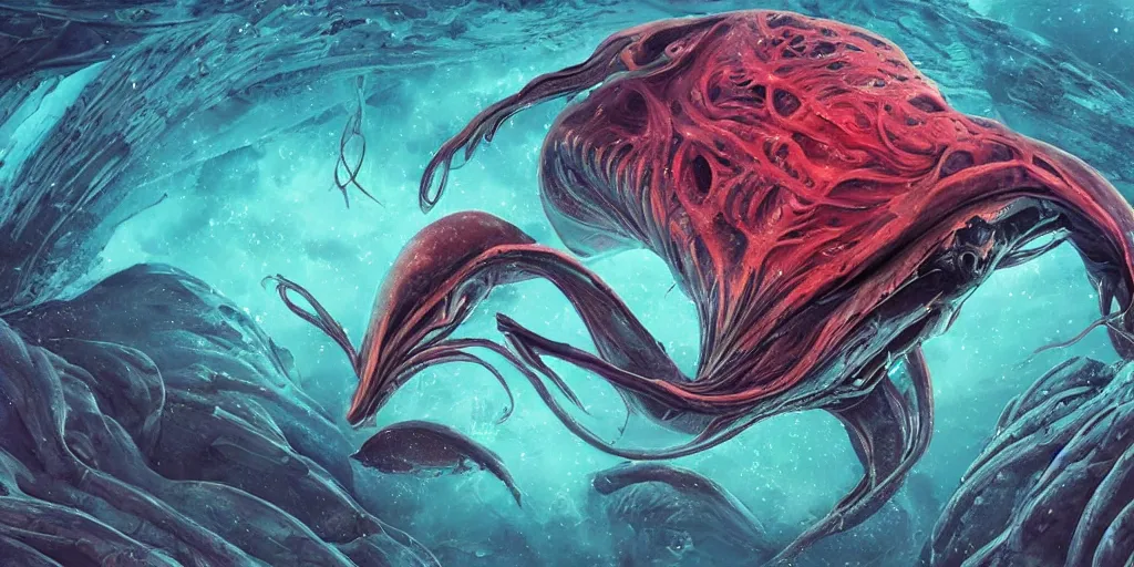Prompt: A stunning scene of an alien looking sea creature in a deep sea below one hundred kilometers from the sea level, detailed illustration, digital art, overdetailed art, complementing colors, trending on artstation, Cgstudio, the most beautiful image ever created, dramatic, subtle details, illustration painting, vibrant colors, 8K, award winning artwork, high quality printing, fine art, intricate, epic lighting, very very very very beautiful scenery, 8k resolution, digital painting, sharp focus, professional art, atmospheric environment, 8k ultra hd, artstationHD, hyper detailed, elegant, cinematic, awe inspiring, beautiful, super hyper duper extra realistic