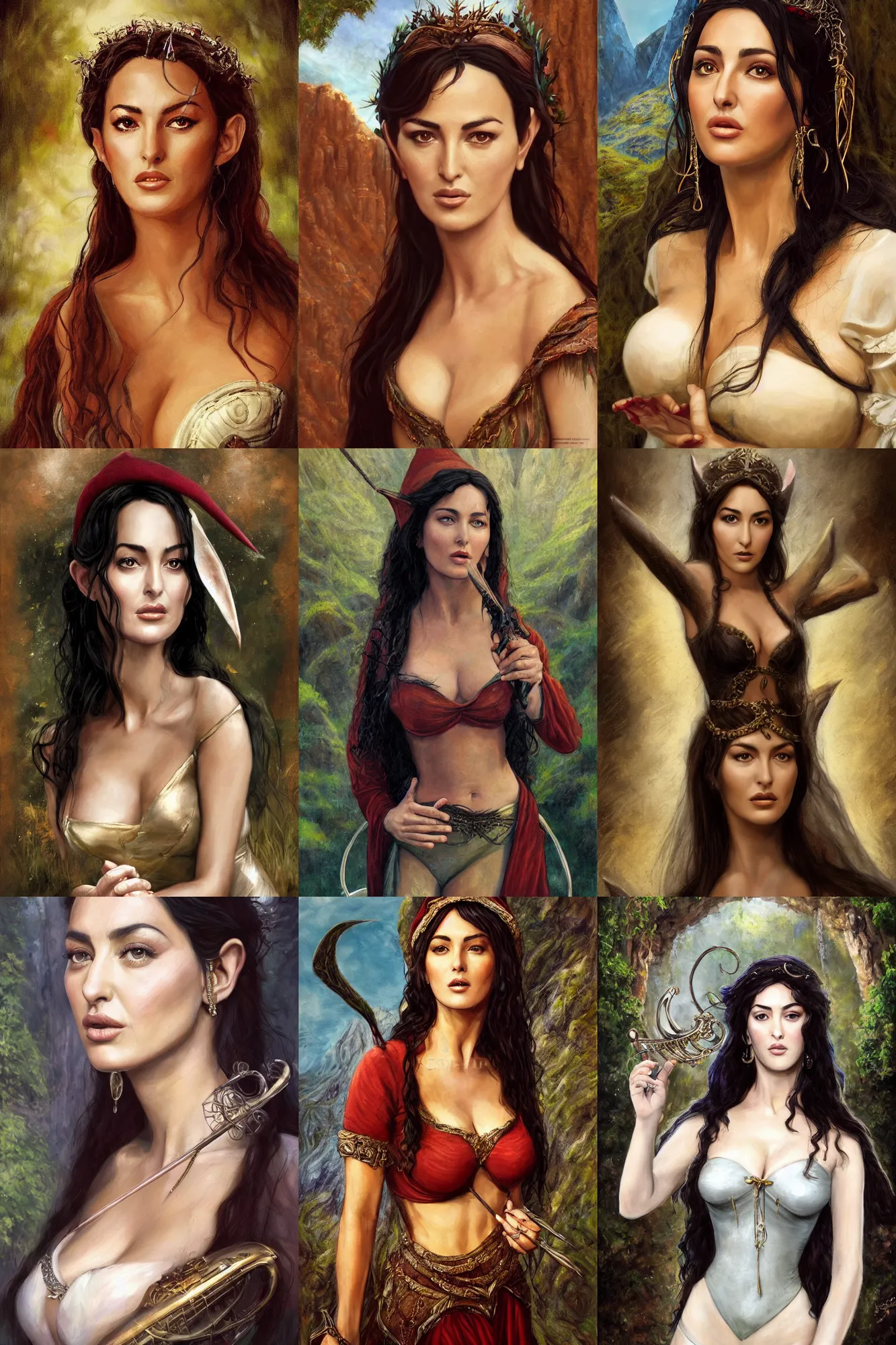Image similar to a full body high detail fantasy portrait oil painting illustration of young monica bellucci as a beautiful sophisticated singing bard elf by justin sweet with face and body clearly visible, in a scenic background, pupils visible, realistic proportions, d & d, rpg, forgotten realms, artstation trending, high quality, sombre mood, artstation trending, muted colours, entire person visible!