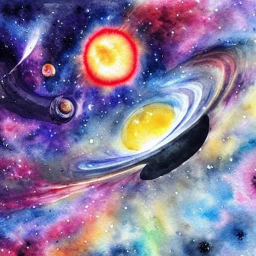 Image similar to planets colliding, space, stars, sun, earth, planets, explosions, nebula, galaxies, huge explosions in space, extreme detail, highly detailed watercolor art