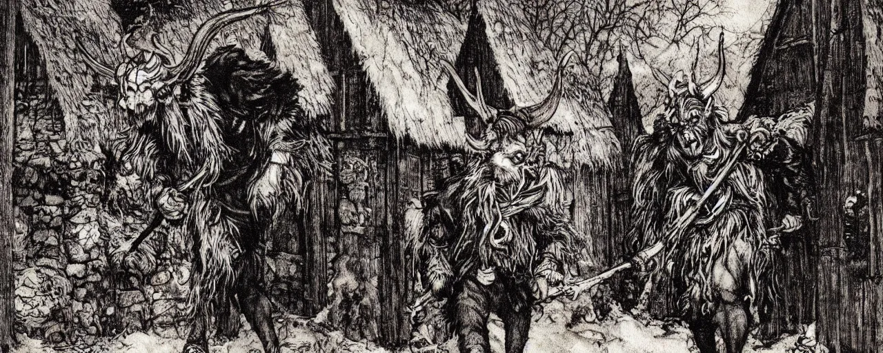 Image similar to Victorian Krampus horned satyr figure walking through a fantasy Victorian christmas village, art by arthur rackham, photorealistic, dark fantasy, book illustration style, 19th Century, 8K