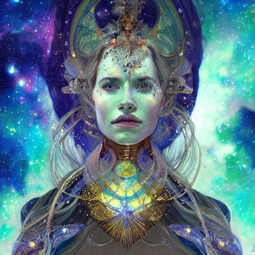 Image similar to portrait of a cosmic goddess, suit made out of stars and galaxies and cosmic energy, intricate, headshot, highly detailed, digital painting, artstation, concept art, sharp focus, cinematic lighting, illustration, art by artgerm and greg rutkowski, alphonse mucha, cgsociety