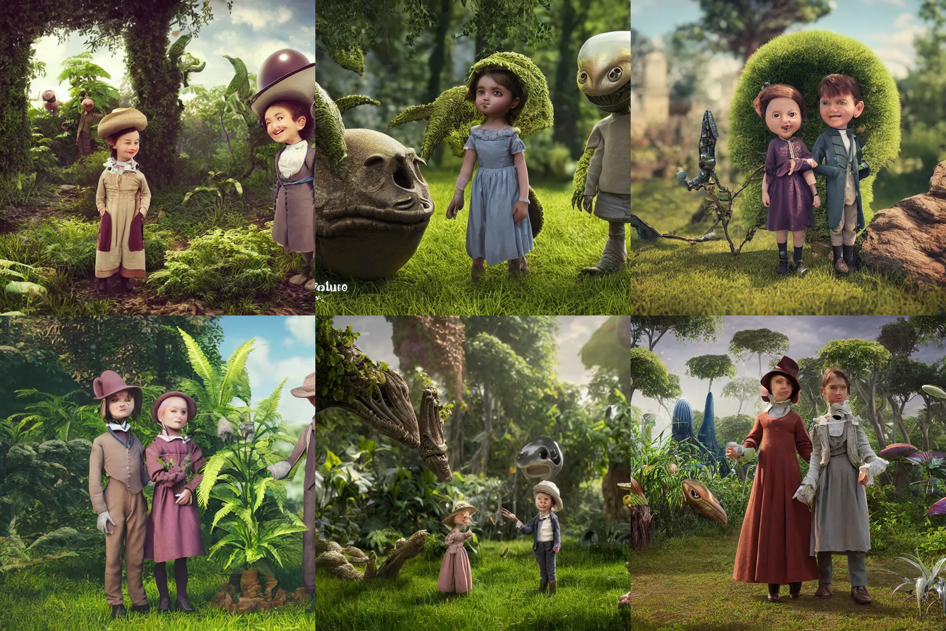 Prompt: a girl and a boy standing next to some alien plants, looking happy, wearing 1850s era clothes, their small cute pet alien creature is standing nearby, in a park on a alien planet, extremely highly detailed, ultra realistic facial details, hyperrealistic, octane render, 8k, HD, good lighting, beautiful