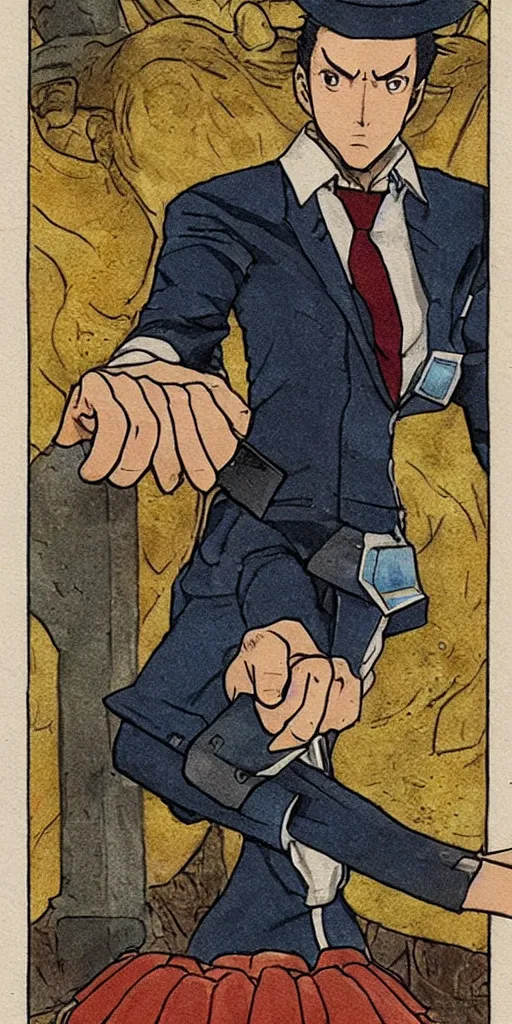 Image similar to the judge from Ace Attorney with a beam scale in one hand. Tarot card Justice, impressive art, detailed, singe subject