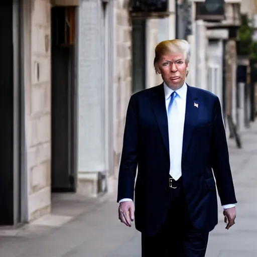 Image similar to face close up portrait photograph of a very tall, elegantly dressed, young, bearded, golden haired, pale white donald trump walking through the city