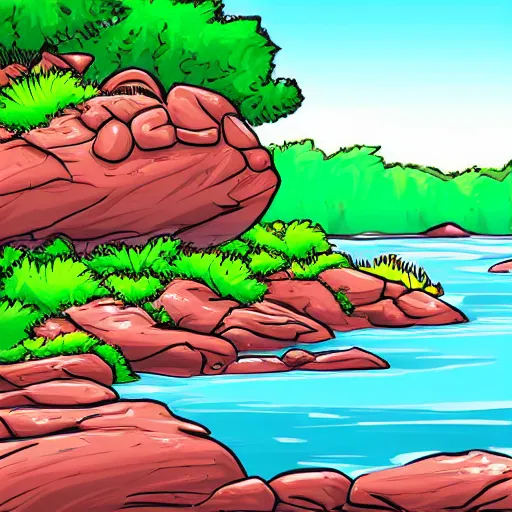 Image similar to a beautiful landscape, river, rocks, trees, cartoon