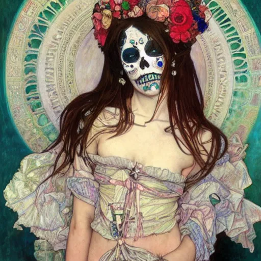 Prompt: realistic detailed painting of a cute punk Día de los Muertos girl by Alphonse Mucha Egon Schiele Ayami Kojima Amano Charlie Bowater, masterpiece