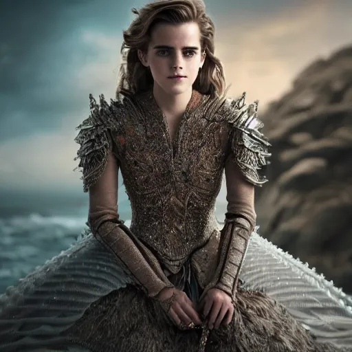 Image similar to a regal emma watson wearing an intricate and detailed armor made of ocean waves. layers. textures. delicate. elaborate. translucent. soft. ethereal. fragile. vulnerable. studio portrait. photorealistic. octane render