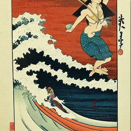 Image similar to girl surfing, woodblock print, style of hokusai, fine art, style of kanagawa, painting