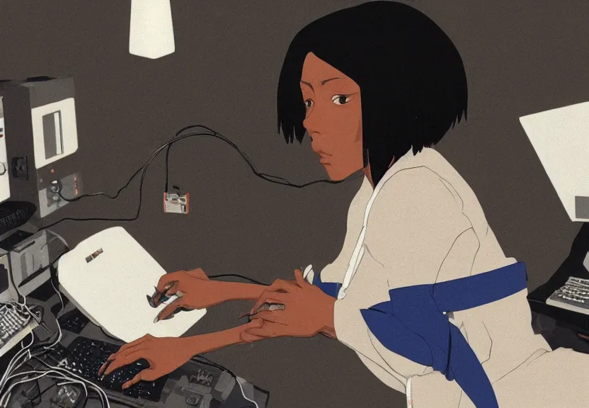 Image similar to dark skin woman wearing a white lab coat with a dark blue wolf haircut to shoulder, body connected to wires and connected to 1 9 8 0 s computers, painted by yoshitoshi abe and makoto shinkai, in the style of serial experiments lain, dynamic lighting, dark ambience, 3 5 mm, cell - shaded, detailed face