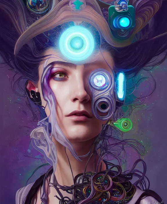 Image similar to a whirlwind of souls rushing inside the metaverse, half body, jewelry, hologram, dreads, android, cyborg, cyberpunk face, by loish, d & d, fantasy, intricate, elegant, highly detailed, colorful, vivid color, digital painting, artstation, concept art, art by artgerm and greg rutkowski and alphonse mucha