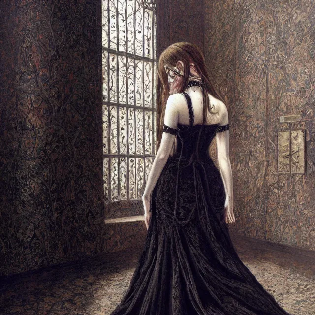 Prompt: a painting of a pale gothic girl in a beautiful dress by johfra bosschart, dark fantasy art, high detail, trending on artstation