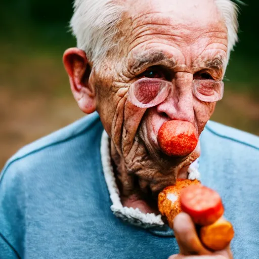 Image similar to An elderly man with sausages in his ears, Canon EOS R3, f/1.4, ISO 200, 1/160s, 8K, RAW, unedited, symmetrical balance, in-frame