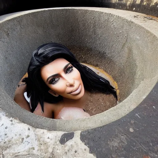 Image similar to photo of kim kardashian trapped inside a sewer drain