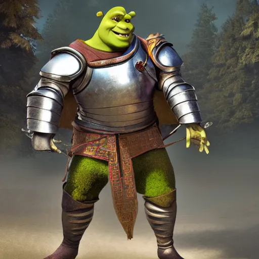 Image similar to shrek from shrek as a glorious devout shining powerful epic amazing awesome very handsome attractive muscular stylish knight in shining golden armor riding donkey, fantasy art, highly detailed, photorealistic, octane render, 8 k, unreal engine, art by leonardo devinci