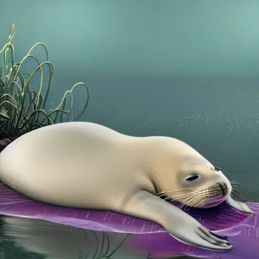 Prompt: Prince in pastel!!!, A seal sleeping peacefully in a kelp forest, cinematic, hyper realistic, detailed, 8k, octane render.