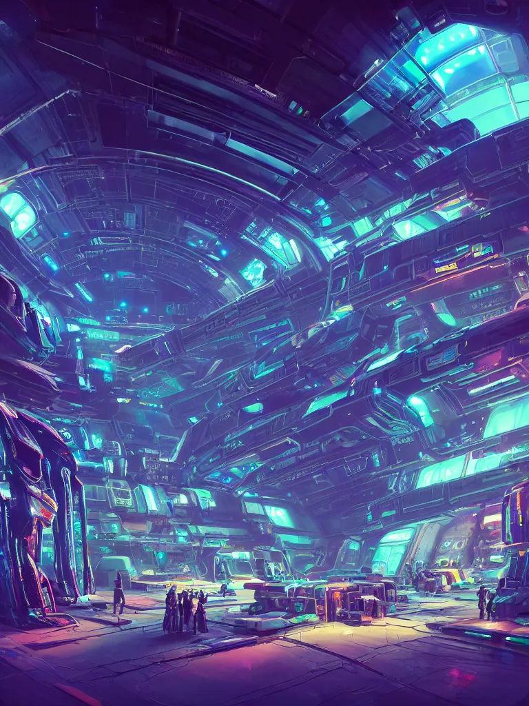 Image similar to the interior of a celestial spaceship cyberpunk hangar in a bioluminescent walls decorated beautifully, lots of cyberpunk design elements like humanoids and mecha robots, warm sunlight shining in, lots of cables and neon signs, concept art 8 k resolution, fantasy illustration, sharp focus, detailed painting, deep color, volumetric lighting, crepuscular rays